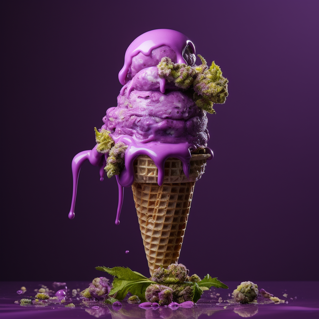 A vivid portrayal of grape sorbet melting over a cannabis bud, capturing the delightful fusion of flavors.