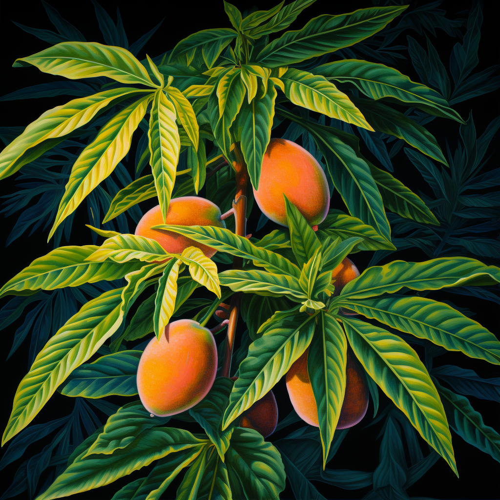 An image of luscious mangoes and a cannabis bud, capturing the essence of Mango Kush.