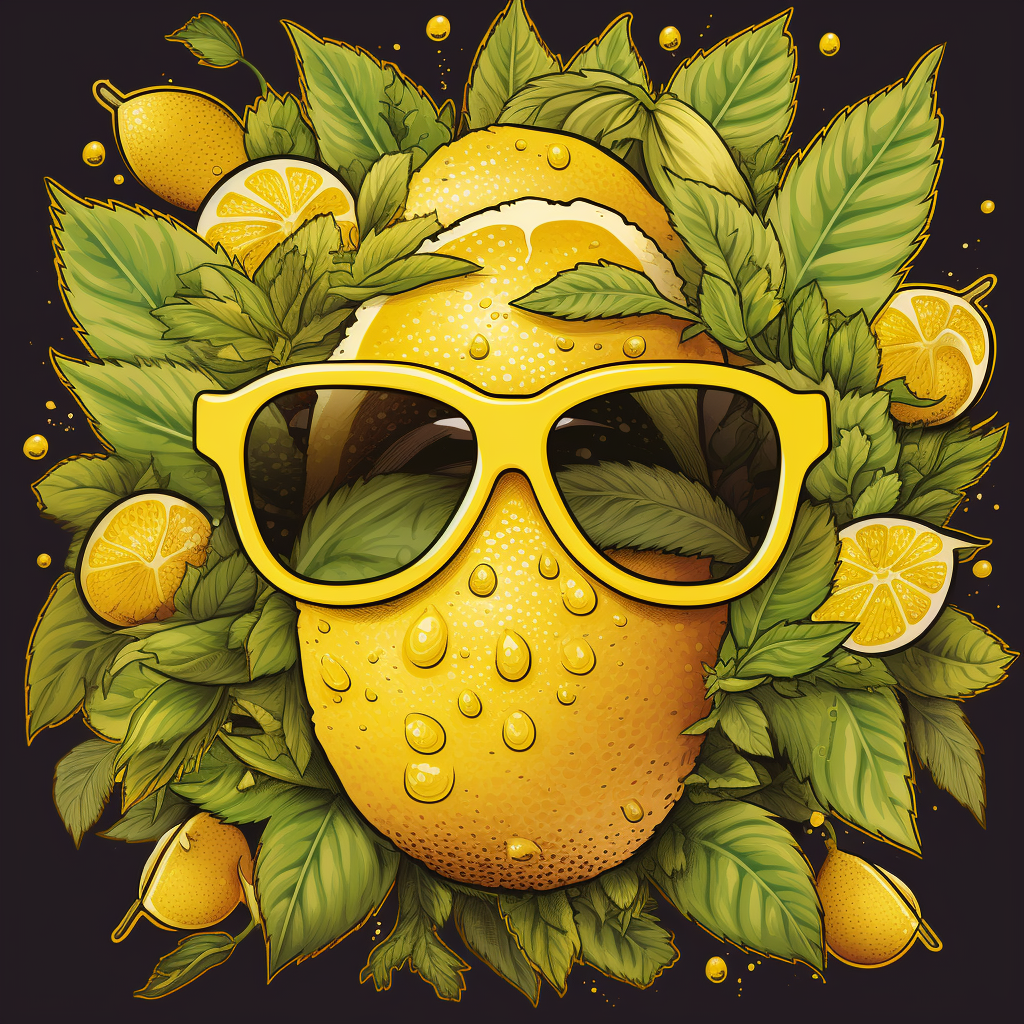A playful depiction of a lemon wearing sunglasses, surrounded by cannabis leaves, symbolizing the lively nature of Super Lemon Haze.